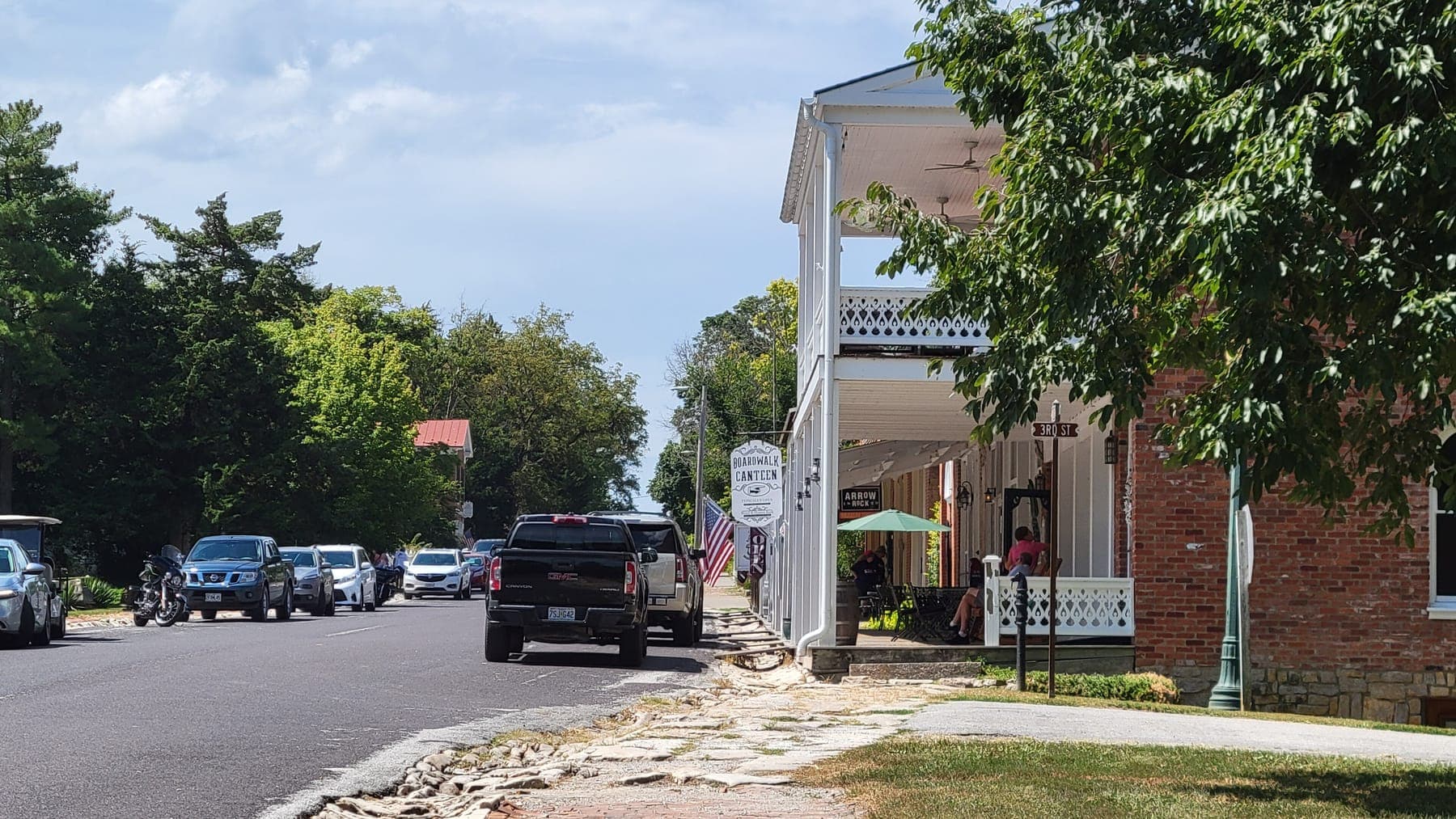 The main street of Arrow Rock, Missouri, with its old brick storefronts