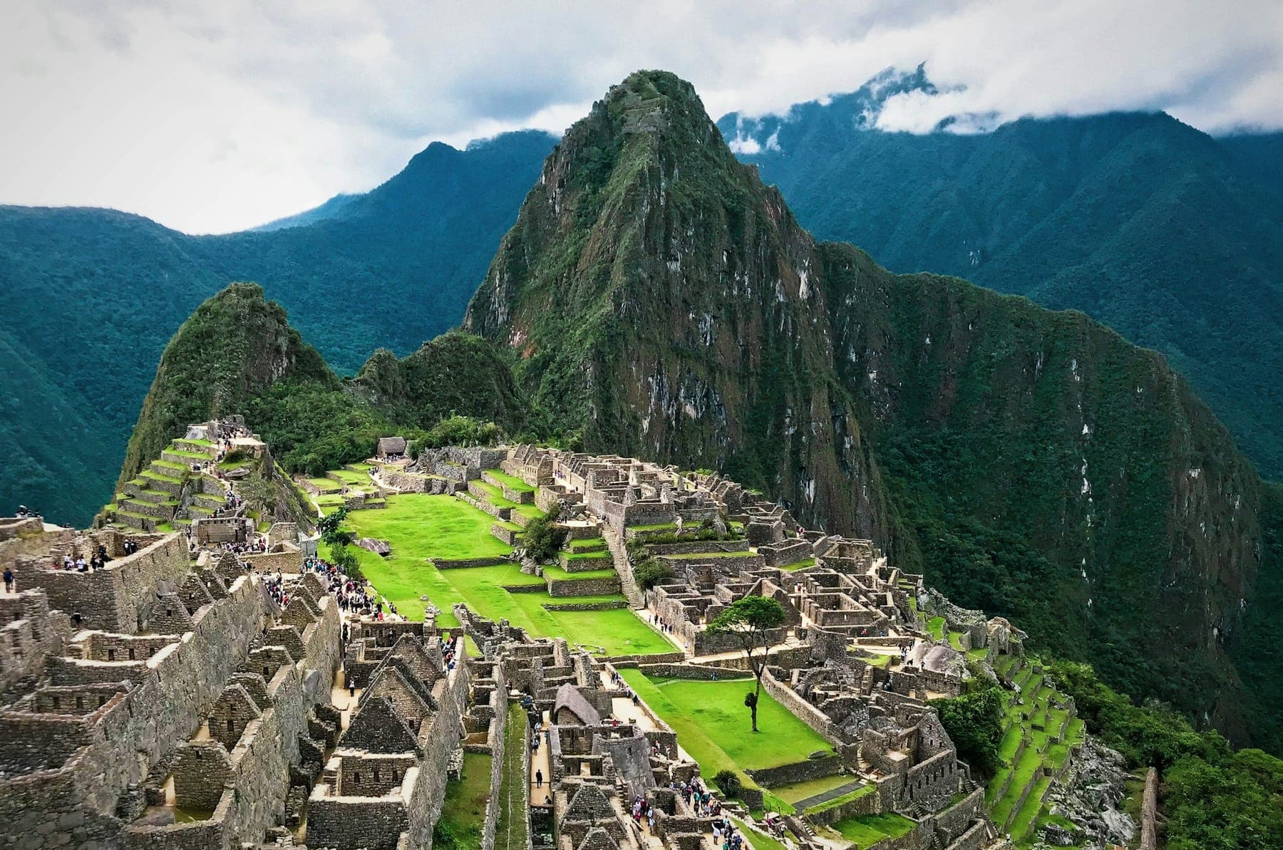 The stone terraces and ruins of Machu Picchu with Huayna Picchu rising behind