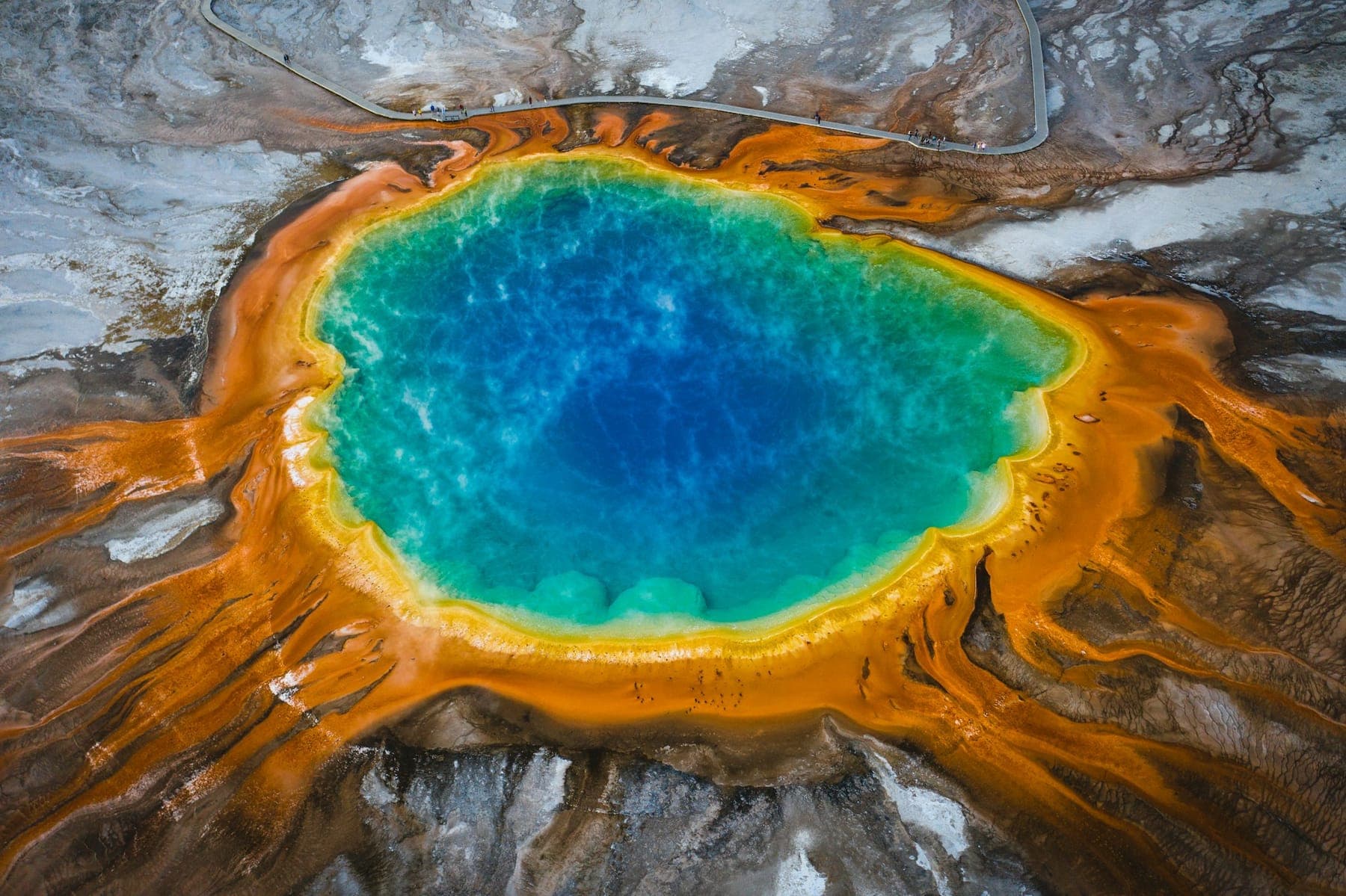 Grand Prismatic Spring from above, blue at the center and orange at the edges