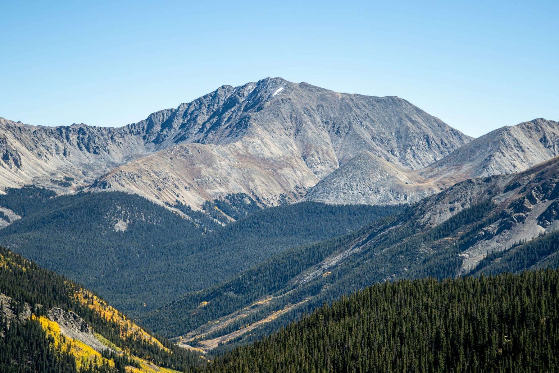 Snow-streaked peaks above the treeline at Independence Pass, Colorado