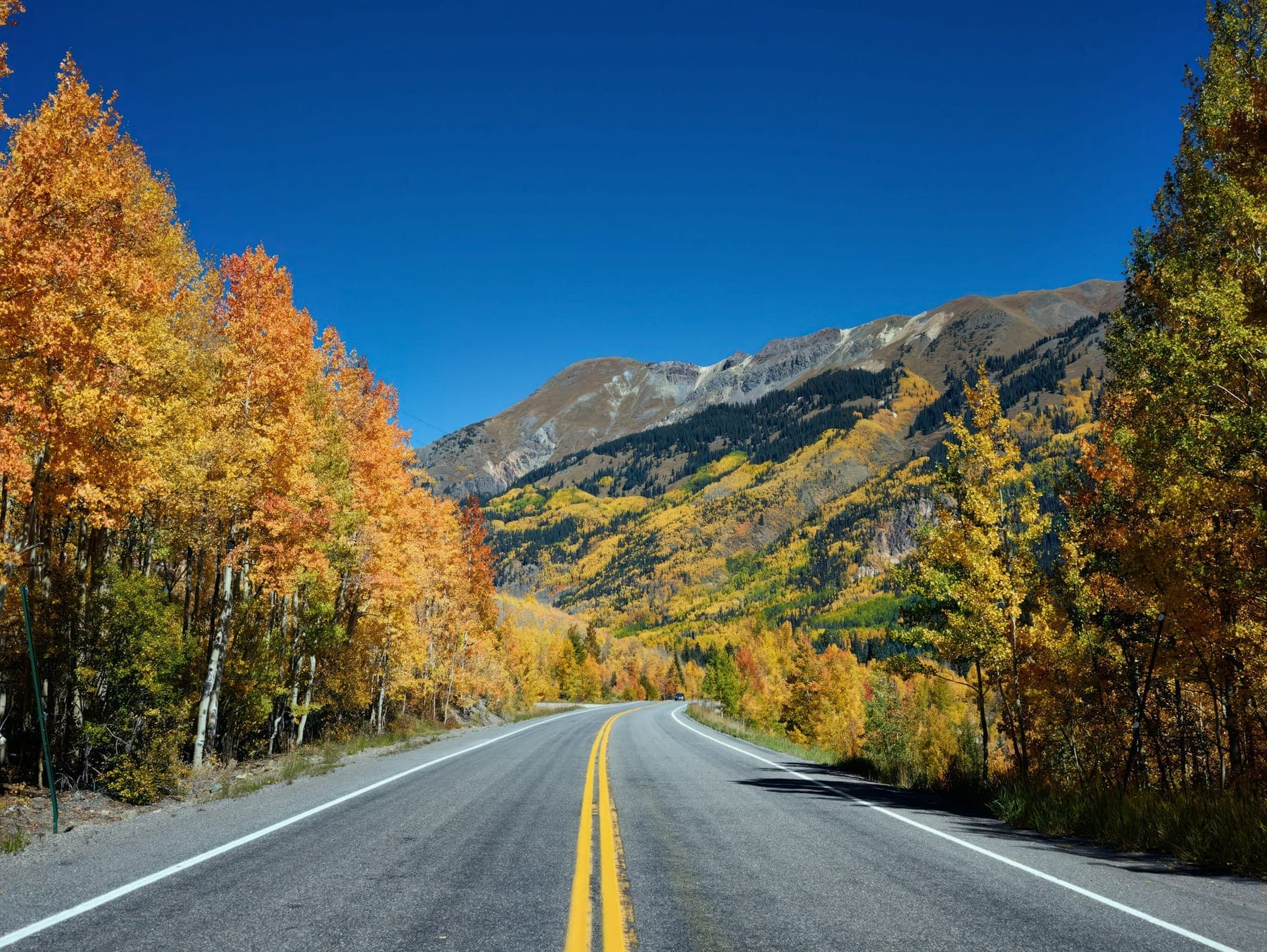 The Million Dollar Highway between Ouray and Silverton in fall color, with the San Juan peaks beyond