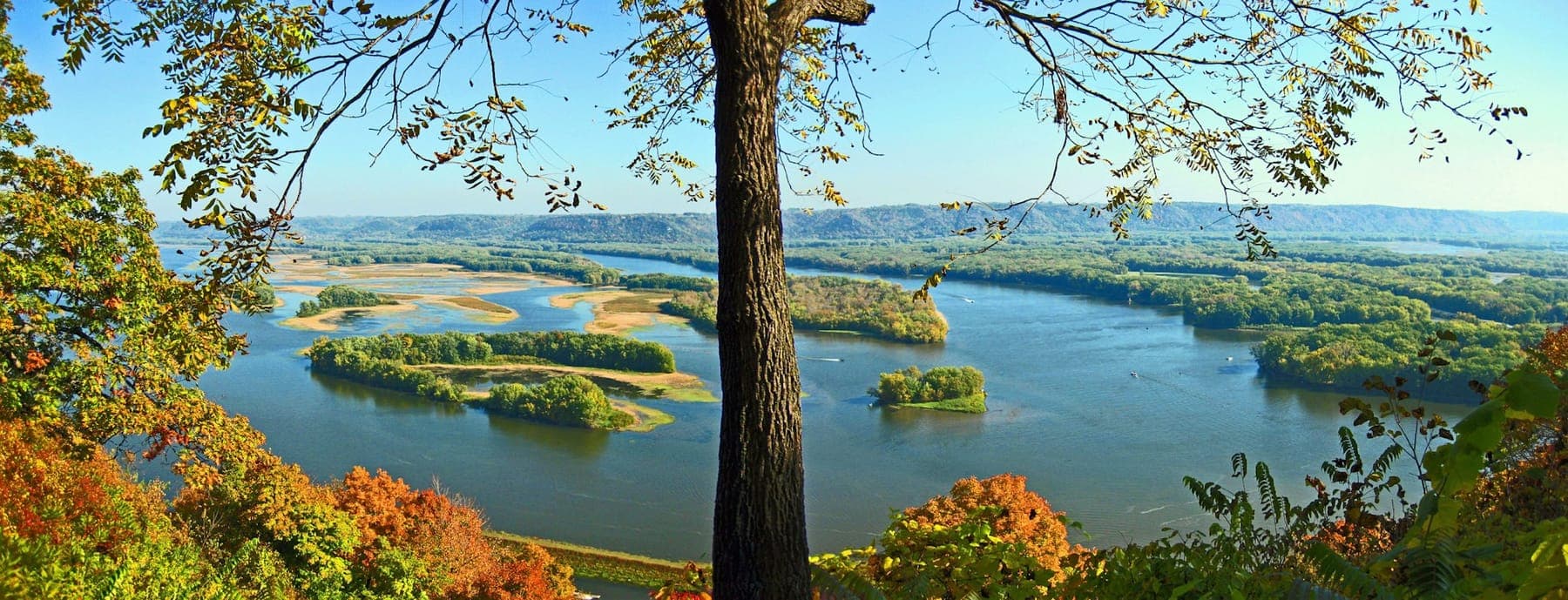 The Mississippi River and its wooded islands seen from the bluffs above Lansing, Iowa